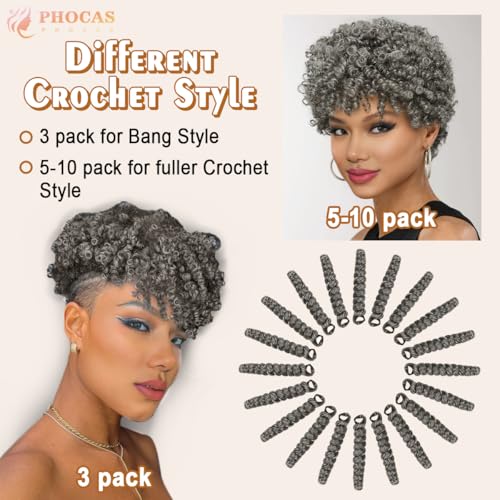 PHOCAS 3 Packs Short Curly Crochet Hair,Short Crochet Hair 10 Inch 20roots/Pack,Gray Crochet Hair Extensions for Women(6MM) - Image 5