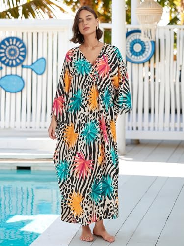 IMAGEKOPE Kaftan Dresses for Women Plus Size V-Neck Moo Moos Batwing Kaftan Beach Dress Bathing Suit Cover-Up Loungewear - Image 2