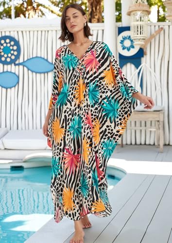 IMAGEKOPE Kaftan Dresses for Women Plus Size V-Neck Moo Moos Batwing Kaftan Beach Dress Bathing Suit Cover-Up Loungewear - Image 5