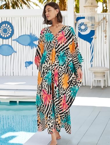 IMAGEKOPE Kaftan Dresses for Women Plus Size V-Neck Moo Moos Batwing Kaftan Beach Dress Bathing Suit Cover-Up Loungewear - Image 3