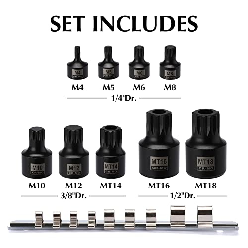 EMENTOL 9PCS Low Profile Impact Triple Square Bit Socket Set, CR-MO, 1/4", 3/8" and 1/2" Drive, 9 Pieces Stubby Triple Square Bit Sockets, M4 - M12, MT14 - MT18 - Image 2
