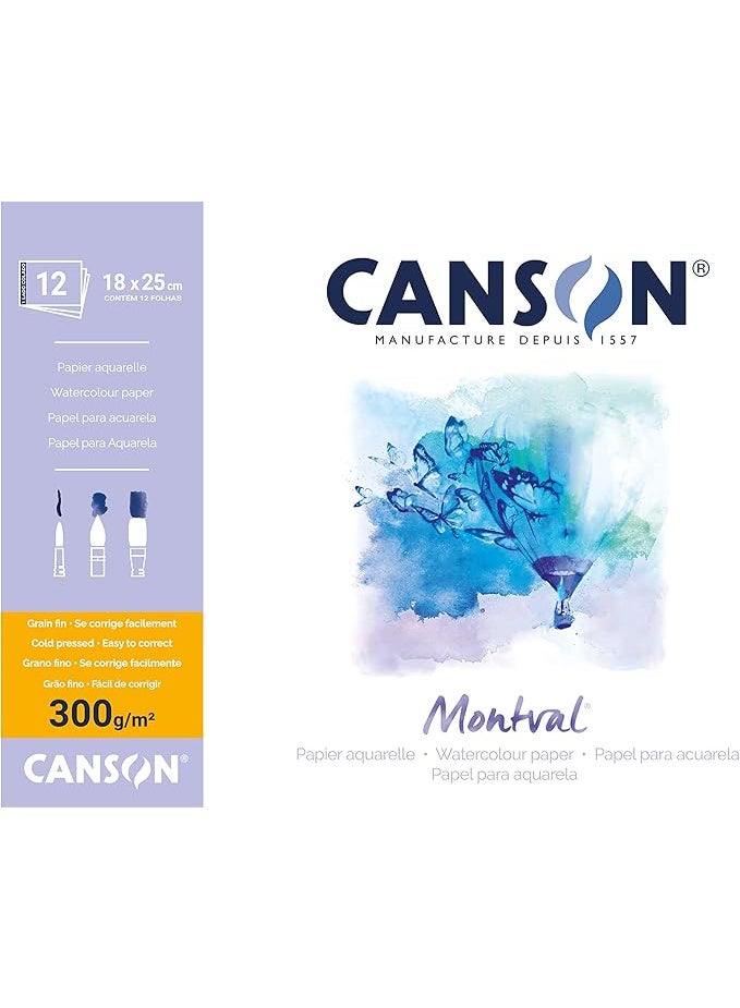 CANSON Montval 12 Sheet Watercolour Paper Fine Grain 18 x 25 cm 300 g/m² White - Image 1