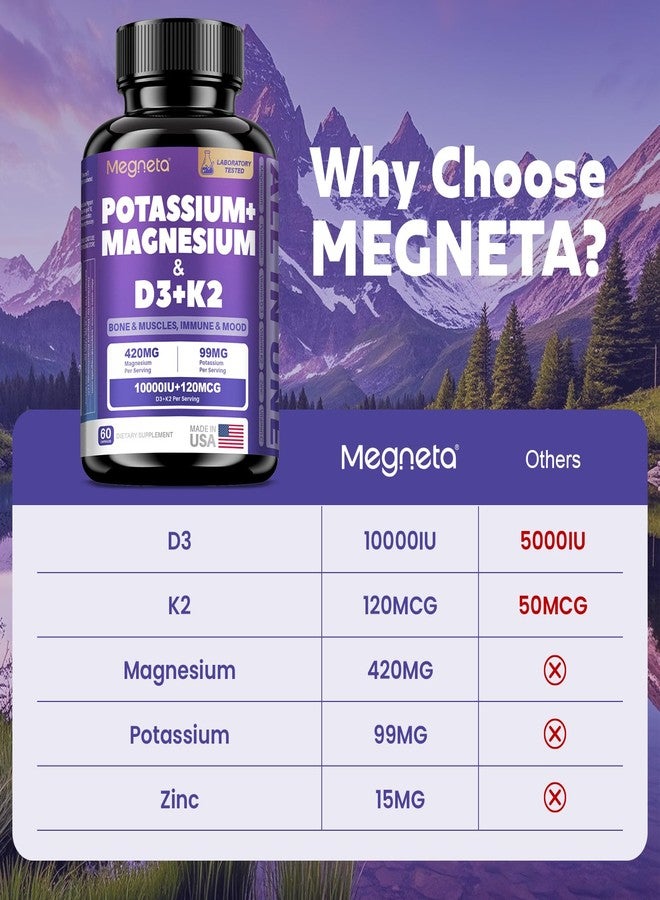 Megneta High-Potency Vitamin D3 10000IU K2 (MK-7) Potassium Magnesium Supplement - Advanced Synergistic Complex for Bone, Immune Health, Mood Balance & Energy Support - Image 3