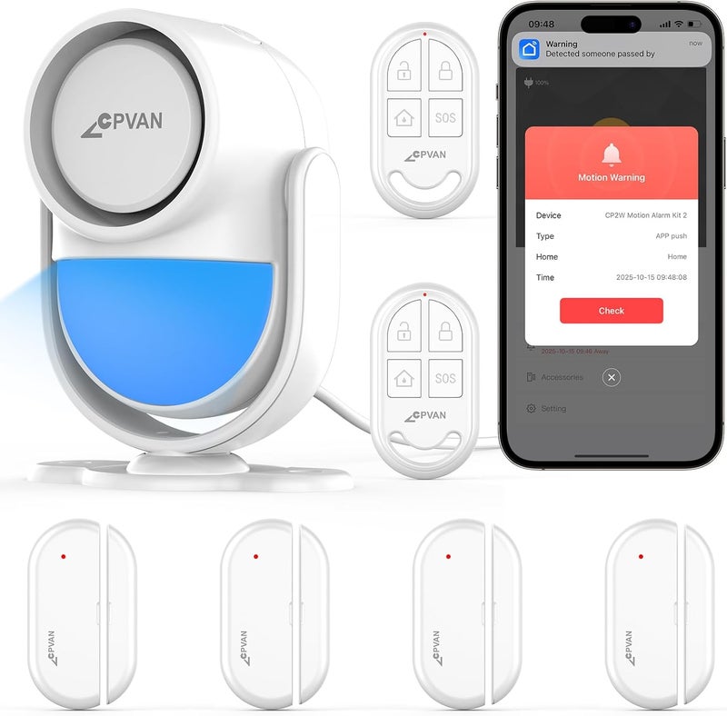 CPVAN WiFi Home Alarm System with PIR Motion Sensor and 4 Door/Window Sensors - Local Alarm & App Notification