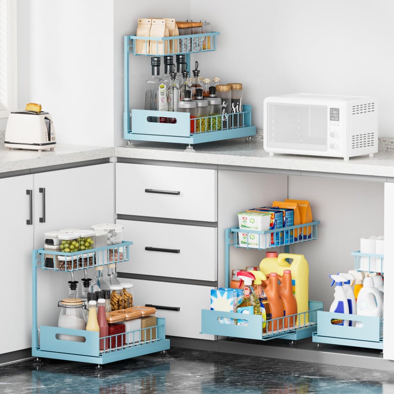 Saydear Under Sink Organizer Storage 2-Tier Premium Metal Pull-Out Kitchen Cabinet Organizer with Sliding Drawer, Height Adjustable, Heavy Duty for Kitchen & Bathroom Organizers 2 Pack Teal - Image 3