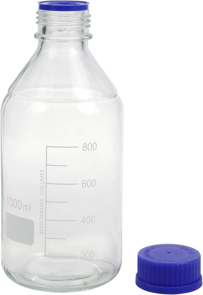 Pastein 4 Pieces 1000 mL Graduated Round Reagent Media/Storage Glass Bottle With GL45 Blue Polypropylene Screw Cap - Image 1