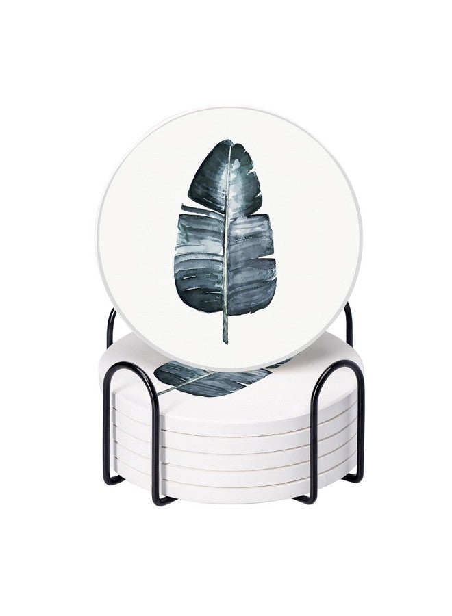 Homestic Homestic Set of 6 Diatomite Leaf Print Round Coasters with Cork Steel Holder Stand for Hot Pots - Water Absorbent Tea Cup & Water Glass Cover Top Lid | White-SOV005-04  - Image 2