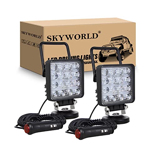 SKYWORLD Magnetic Mount LED Work Light, 2PCS 4 Inch 48W Square Spot Off Road Driving Fog Lamp 12V 24V with Portable Magnetic Base Holder for Truck Tractor Trailer Car Boat Engineering Vehicle - Image 1