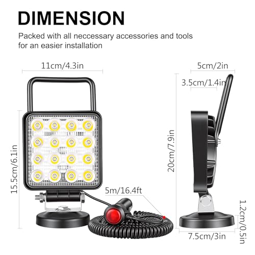 SKYWORLD Magnetic Mount LED Work Light, 2PCS 4 Inch 48W Square Spot Off Road Driving Fog Lamp 12V 24V with Portable Magnetic Base Holder for Truck Tractor Trailer Car Boat Engineering Vehicle - Image 2
