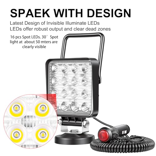 SKYWORLD Magnetic Mount LED Work Light, 2PCS 4 Inch 48W Square Spot Off Road Driving Fog Lamp 12V 24V with Portable Magnetic Base Holder for Truck Tractor Trailer Car Boat Engineering Vehicle - Image 3