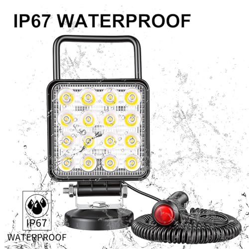 SKYWORLD Magnetic Mount LED Work Light, 2PCS 4 Inch 48W Square Spot Off Road Driving Fog Lamp 12V 24V with Portable Magnetic Base Holder for Truck Tractor Trailer Car Boat Engineering Vehicle - Image 4