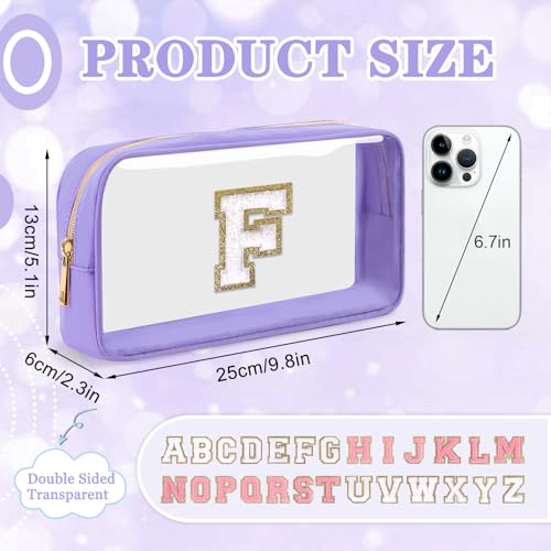 Iqimott Small Clear Personalized Initial Makeup BagNylon Preppy AZ Chenille Letter Patch Cosmetic Pouch Beach Toiletry BagWaterproof Zip Travel Purse Storage Bag Organizer for Women GirlsPurpleWhite F - Image 3