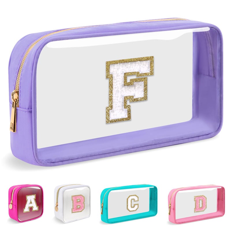 Iqimott Small Clear Personalized Initial Makeup BagNylon Preppy AZ Chenille Letter Patch Cosmetic Pouch Beach Toiletry BagWaterproof Zip Travel Purse Storage Bag Organizer for Women GirlsPurpleWhite F - Image 2