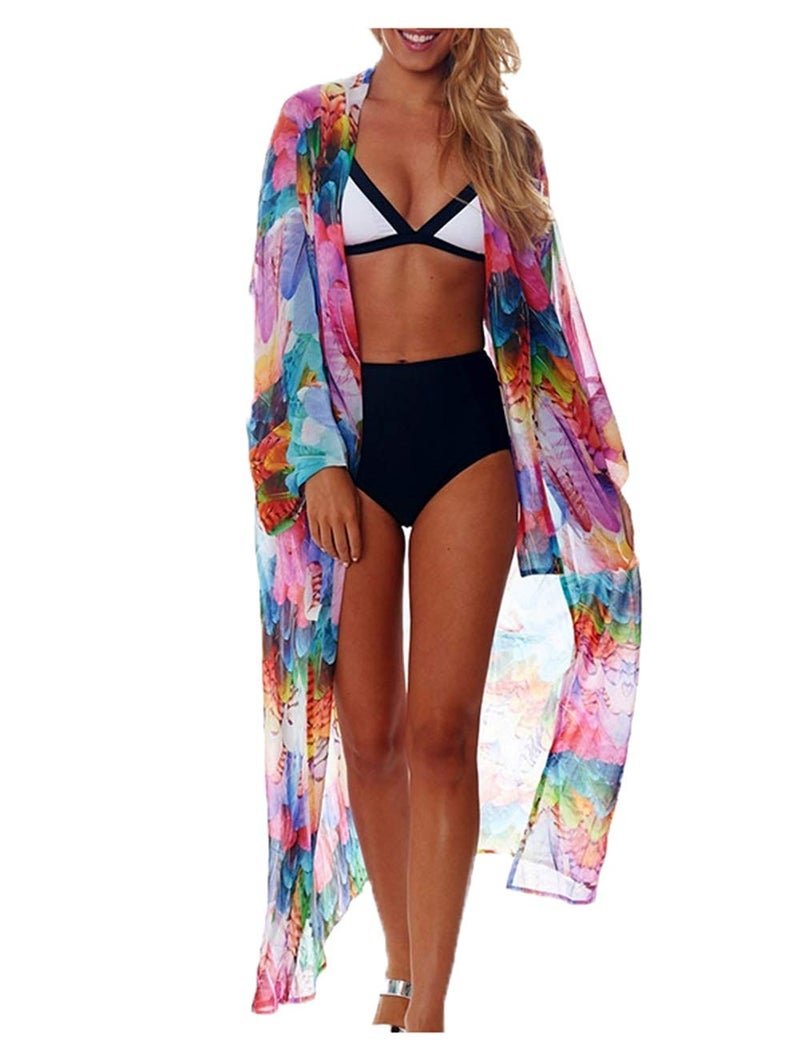 Wander Agio Womens Bikini Cover Ups Beach Casual Dress Coverup Swimsuits Long Cardigan Buttons Chiffon Colorful Feathers - Image 1