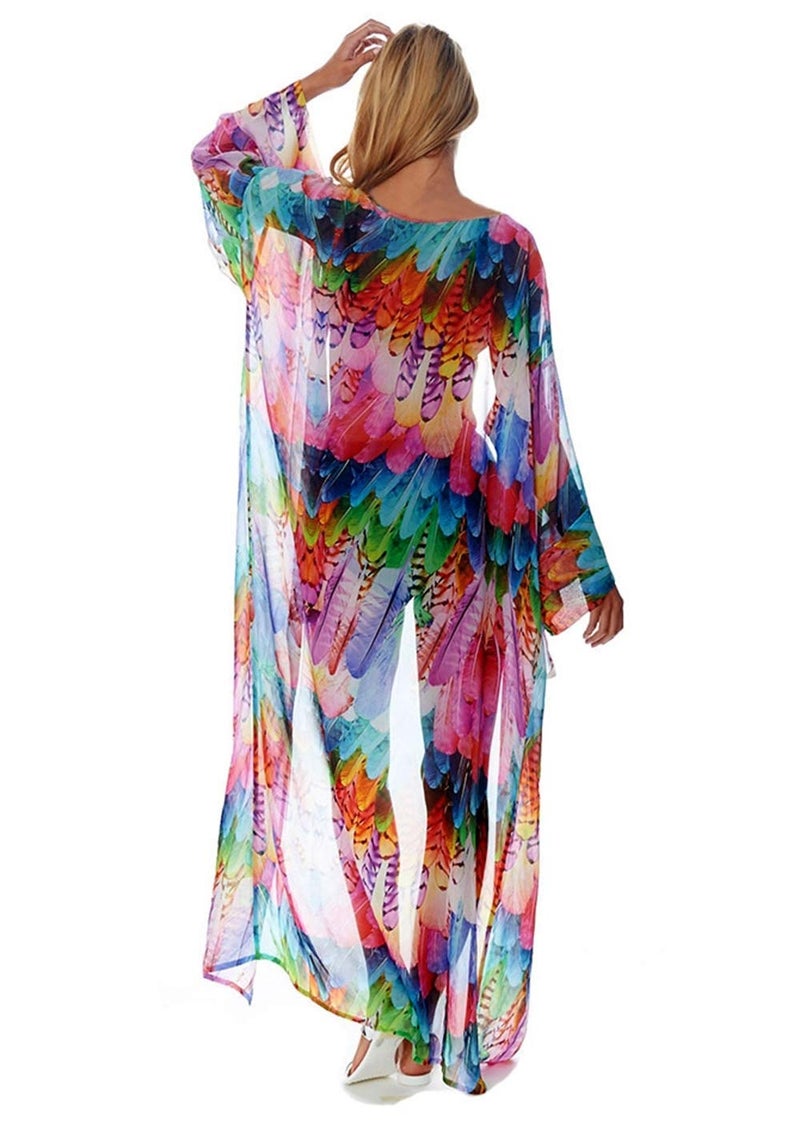 Wander Agio Womens Bikini Cover Ups Beach Casual Dress Coverup Swimsuits Long Cardigan Buttons Chiffon Colorful Feathers - Image 2