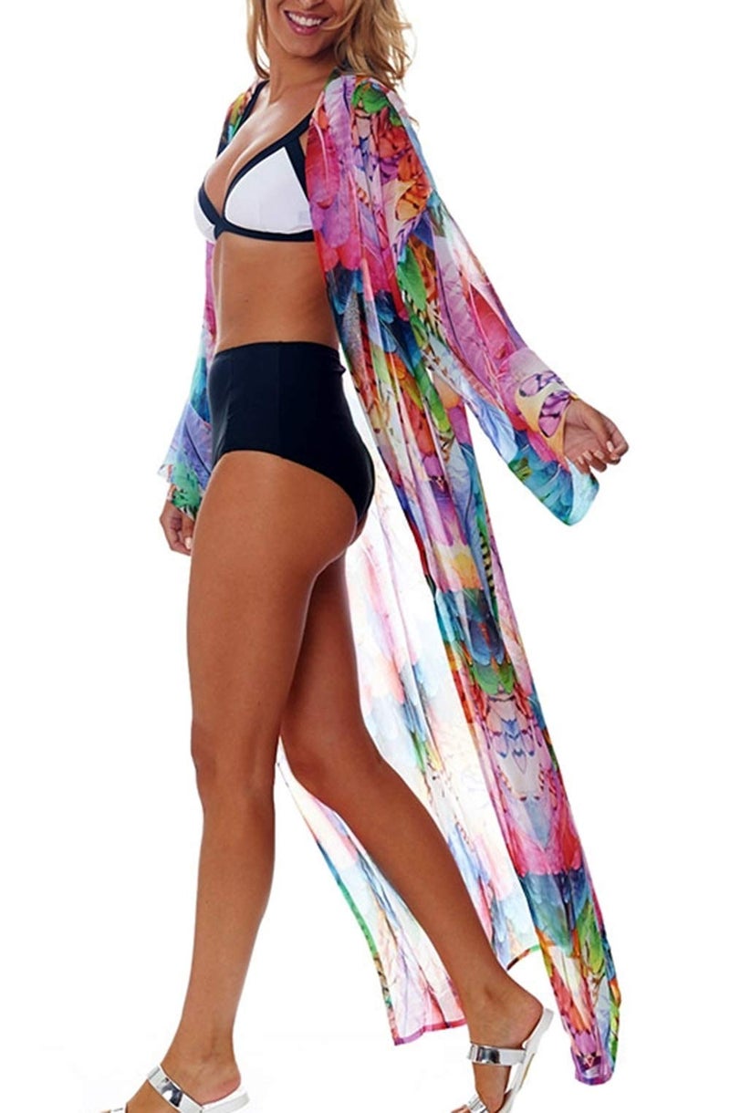 Wander Agio Womens Bikini Cover Ups Beach Casual Dress Coverup Swimsuits Long Cardigan Buttons Chiffon Colorful Feathers - Image 3
