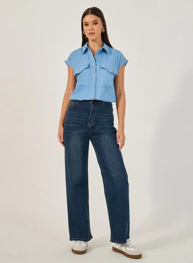 Styli Solid Sleeveless Denim Shirt