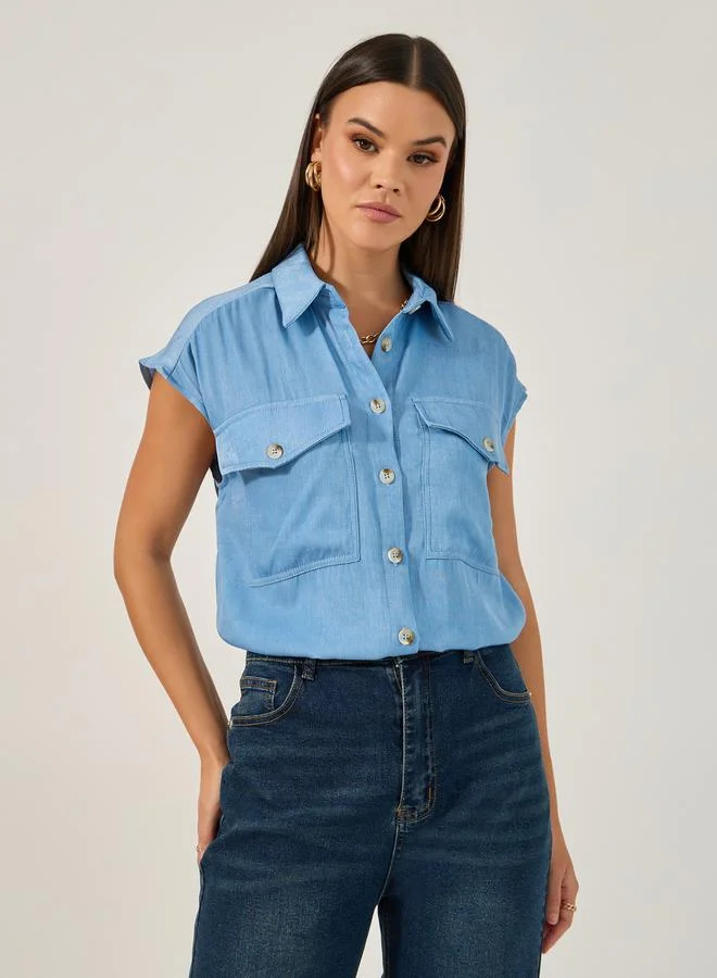 Styli Solid Sleeveless Denim Shirt