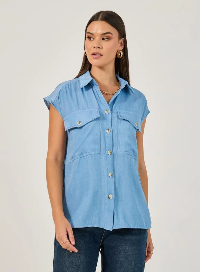 Styli Solid Sleeveless Denim Shirt