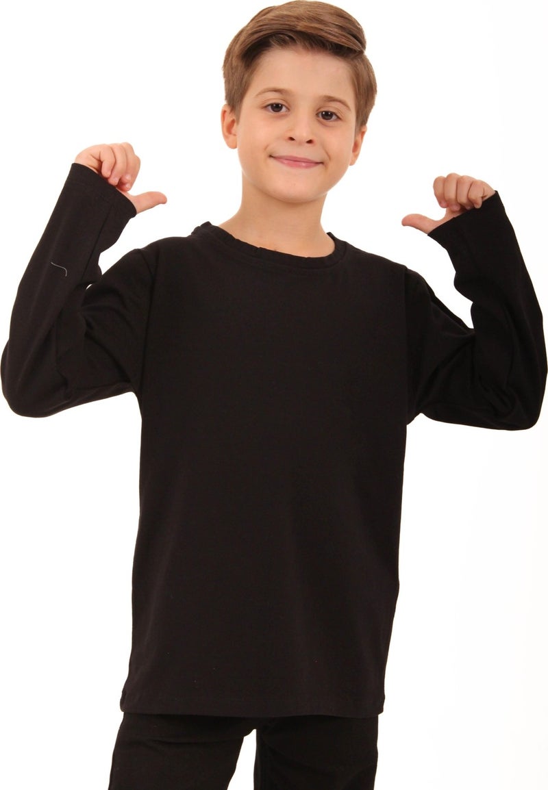 Perendi 2-Pack Crew Neck Long Sleeve Striped and Plain Unisex Kids Sweatshirt Black Gray-Black  - Image 5