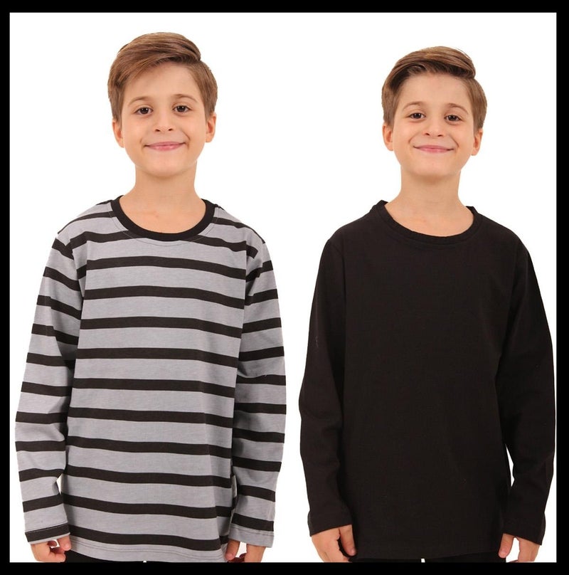 Perendi 2-Pack Crew Neck Long Sleeve Striped and Plain Unisex Kids Sweatshirt Black Gray-Black  - Image 1