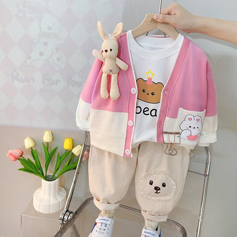 Boys three-piece set 2023 spring new childrens Korean pendant small rabbit long sleeve cardigan set factory wholesale Pink  - Image 1