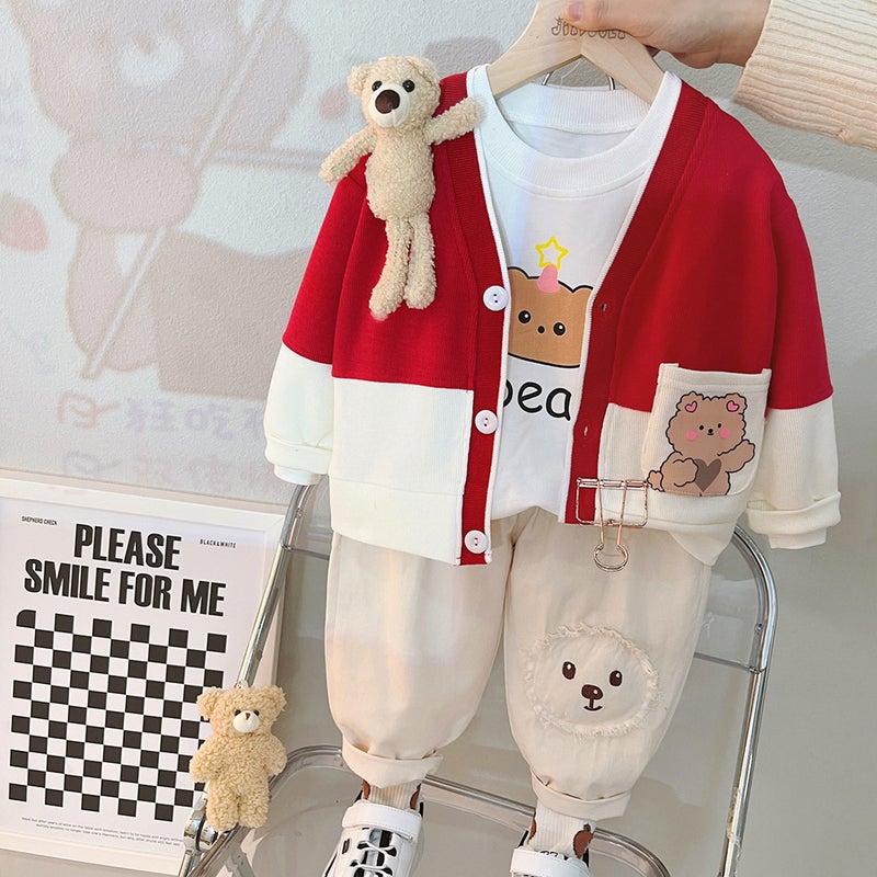 Boys three-piece set 2023 spring new childrens Korean pendant small rabbit long sleeve cardigan set factory wholesale Pink  - Image 2