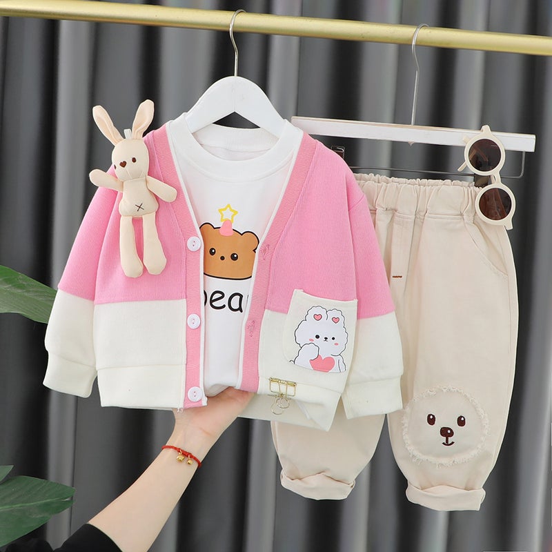 Boys three-piece set 2023 spring new childrens Korean pendant small rabbit long sleeve cardigan set factory wholesale Pink  - Image 5