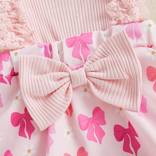 FOMOYUU Newborn Girl Summer Outfit Cute Fly Sleeve Ruffle Knit Romper Dress Bowknot Hairband Infant Baby Clothes (Pink, 0-3 Months) - Image 2