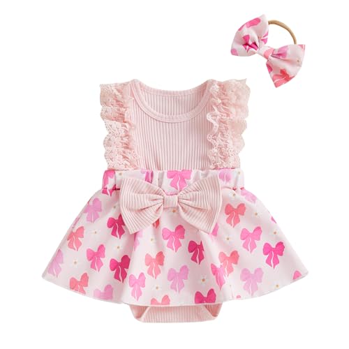FOMOYUU Newborn Girl Summer Outfit Cute Fly Sleeve Ruffle Knit Romper Dress Bowknot Hairband Infant Baby Clothes (Pink, 0-3 Months) - Image 1