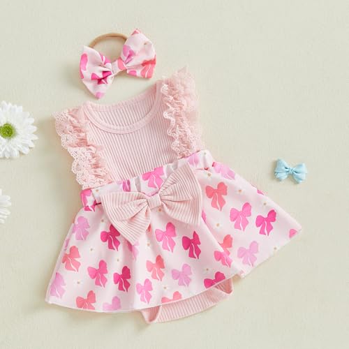 FOMOYUU Newborn Girl Summer Outfit Cute Fly Sleeve Ruffle Knit Romper Dress Bowknot Hairband Infant Baby Clothes (Pink, 0-3 Months) - Image 4