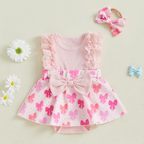 FOMOYUU Newborn Girl Summer Outfit Cute Fly Sleeve Ruffle Knit Romper Dress Bowknot Hairband Infant Baby Clothes (Pink, 0-3 Months) - Image 3