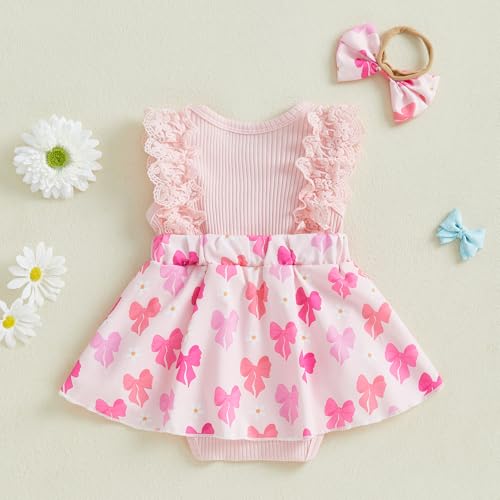 FOMOYUU Newborn Girl Summer Outfit Cute Fly Sleeve Ruffle Knit Romper Dress Bowknot Hairband Infant Baby Clothes (Pink, 0-3 Months) - Image 5