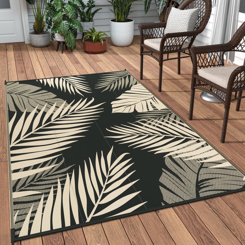 GENIMO سجادة جينيمو الخارجية 6' x 9' مقاومة للماء لتخفيضات الفناء  سجادة بلاستيكية قابلة للعكس للتخييم  سجادة كبيرة للمساحات  سجادات لمركبات RV  المخيمات  السطح  الشرفة  الشاطئ  النزهات  أسود وبيج - Image 5