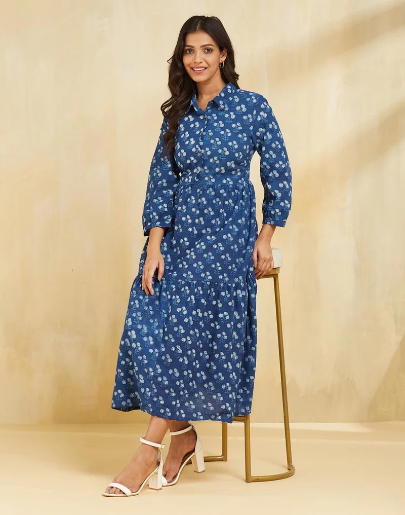 Fabindia Indigo Cotton Dabu Printed Midi Dress