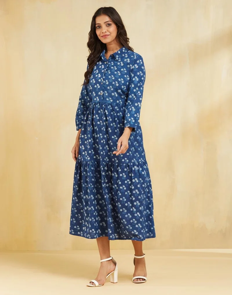 Fabindia  Indigo Cotton Dabu Printed Midi Dress for Women | Best Price UAE