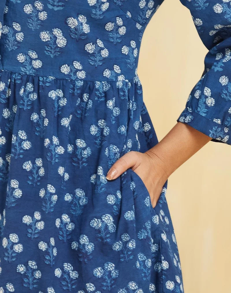 Fabindia  Indigo Cotton Dabu Printed Midi Dress for Women | Best Price UAE