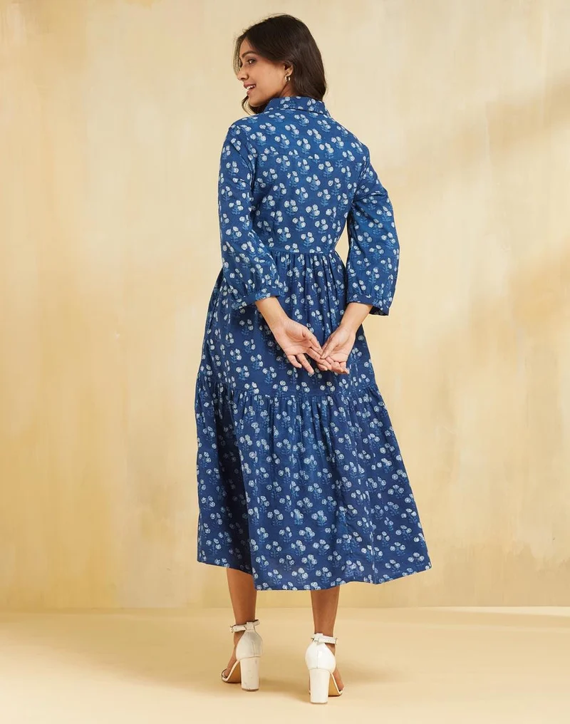 Fabindia  Indigo Cotton Dabu Printed Midi Dress for Women | Best Price UAE