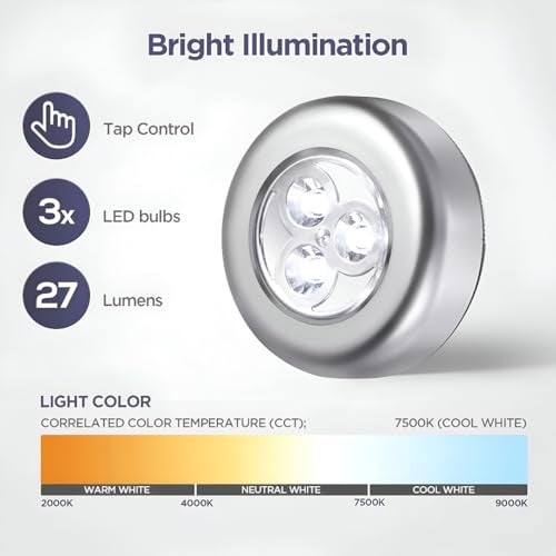 MeeTo Wireless LED Puck Light, Stick-Anywhere Closet Portable Tap Push Button Stair-Wall Lights for Cabinet, Hallway, Bathroom, Bedroom, Kitchen, 3 Battery Operated Low White Light, (PC5) - Image 5