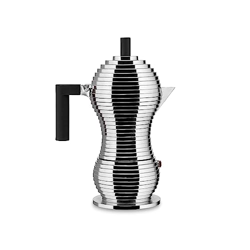 ALESSI آلة صنع القهوة الإسبريسو 6 أكواب من أليسي MDL02/6 B بولشينا على الموقد بمقبض وزر من الألمنيوم، أسود - Image 1