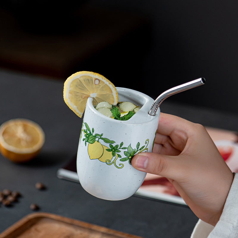 Vintage Lemon Print Ceramic Cup withStainless Steel Straw, Cute SpeckledPorcelain Mug for Cold Drinks, Juice, Coffee& Iced Tea, Ergonomic Handheld Design,Ideal for Home, Office, Majlis Use, PerfectRamadan Iftar Drinkware, Aesthetic TabletopMug for Daily Refreshment & Festival  Gifting - Image 5