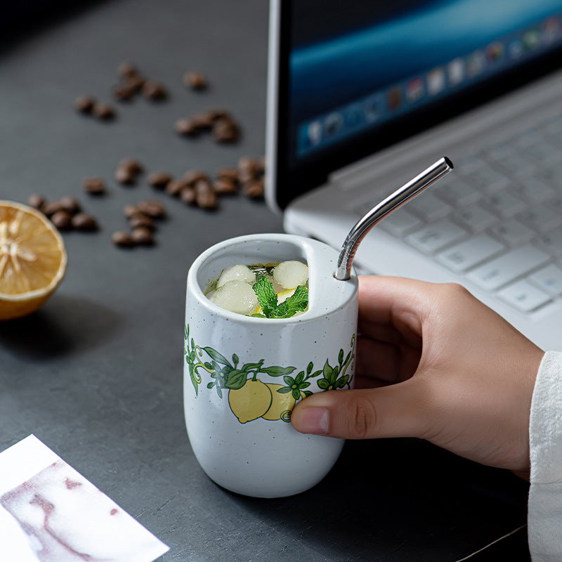 Vintage Lemon Print Ceramic Cup withStainless Steel Straw, Cute SpeckledPorcelain Mug for Cold Drinks, Juice, Coffee& Iced Tea, Ergonomic Handheld Design,Ideal for Home, Office, Majlis Use, PerfectRamadan Iftar Drinkware, Aesthetic TabletopMug for Daily Refreshment & Festival  Gifting - Image 2
