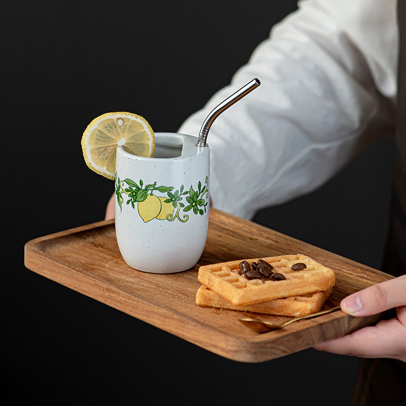 Vintage Lemon Print Ceramic Cup withStainless Steel Straw, Cute SpeckledPorcelain Mug for Cold Drinks, Juice, Coffee& Iced Tea, Ergonomic Handheld Design,Ideal for Home, Office, Majlis Use, PerfectRamadan Iftar Drinkware, Aesthetic TabletopMug for Daily Refreshment & Festival  Gifting - Image 4