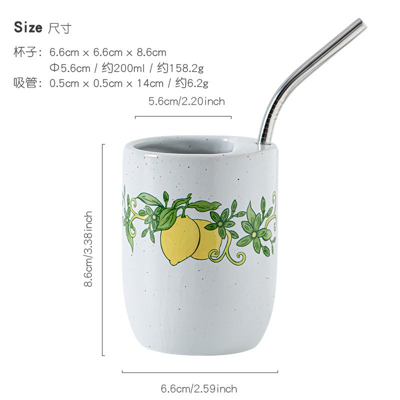 Vintage Lemon Print Ceramic Cup withStainless Steel Straw, Cute SpeckledPorcelain Mug for Cold Drinks, Juice, Coffee& Iced Tea, Ergonomic Handheld Design,Ideal for Home, Office, Majlis Use, PerfectRamadan Iftar Drinkware, Aesthetic TabletopMug for Daily Refreshment & Festival  Gifting - Image 1