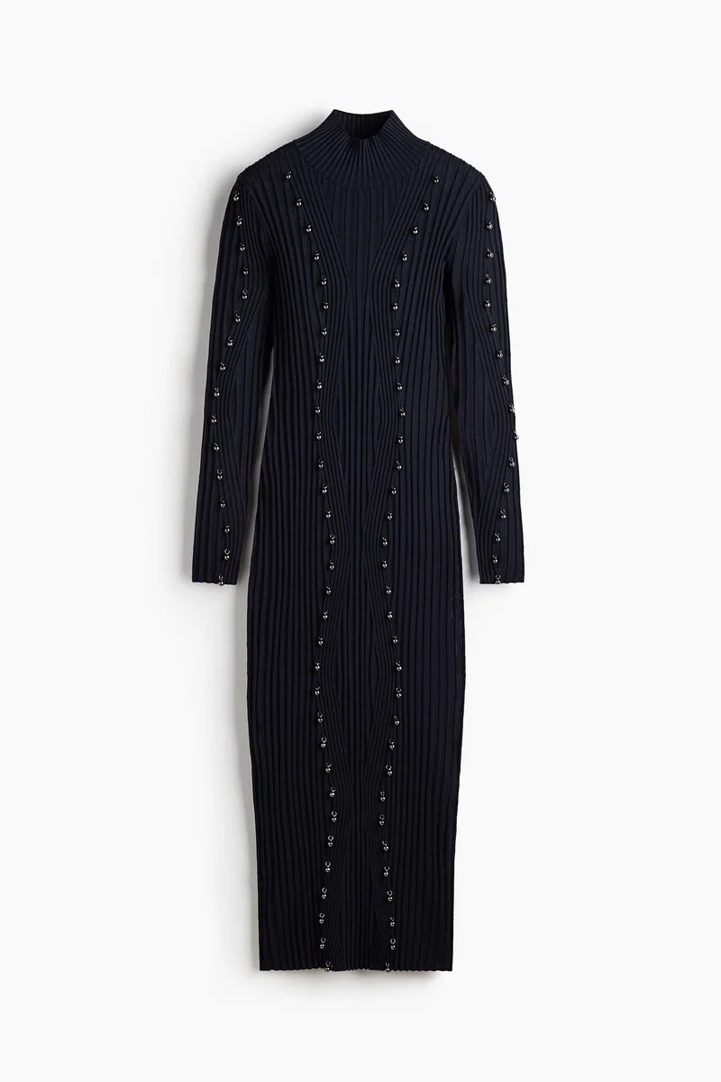 H&M Bead-embellished rib-knit dress