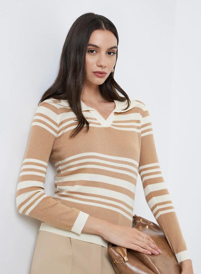 Take Two Take Two Open Collar Striped Knit Sweater