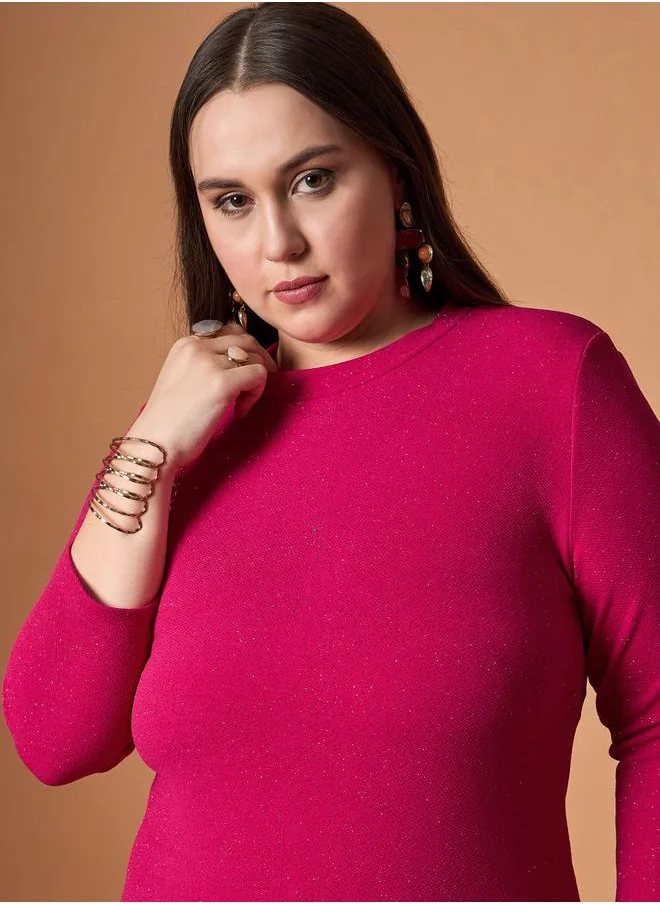 SASSAFRAS Plus Size Glittered Bodycon Midi Dress with Back Slit by Styli