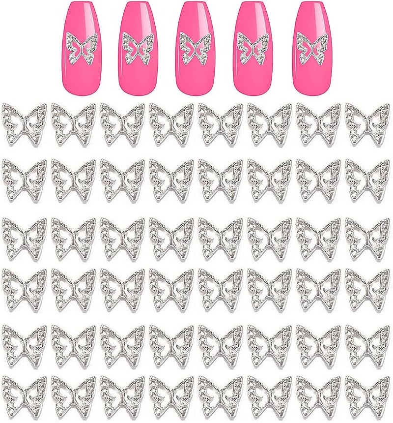 Silver Butterfly Nail Charms,50 Pieces Nail Charms for Acrylic Nails DIY Craft Nail Art Accessories (Silver)