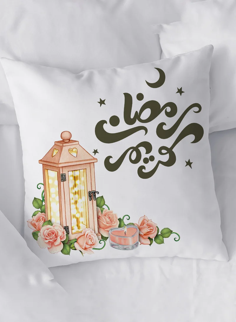 لوحة غطاء وسادة من البوليستر بتصميم رمضان كريم ونمط ورود مع فانوس رمضان
