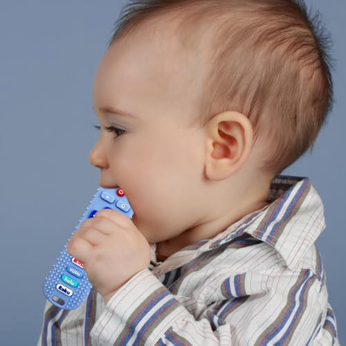 SOLIFEGOBLE 2PCS Baby Cell Phone Toy Infant Teething Sticks, Soft Silicone Baby Remote Control Shape Teethers Toys for Babies 3 6 12 18 Month(Black + Blue) - Image 4